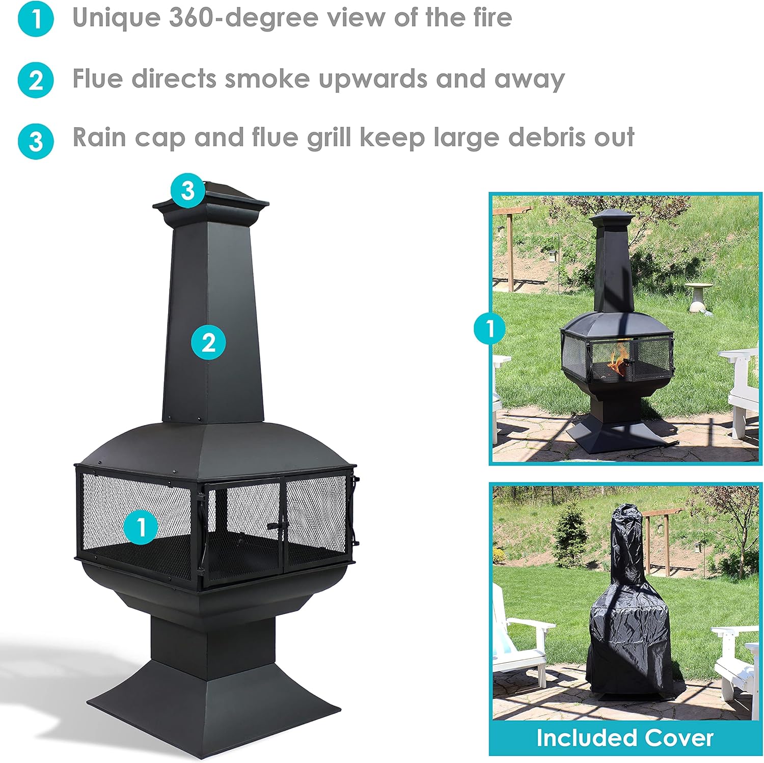 Sunnydaze Large Chiminea Outdoor Fireplace - Outdoor Fireplace with Chimney - Fire Pit for Patio - Grate and Poker Included
