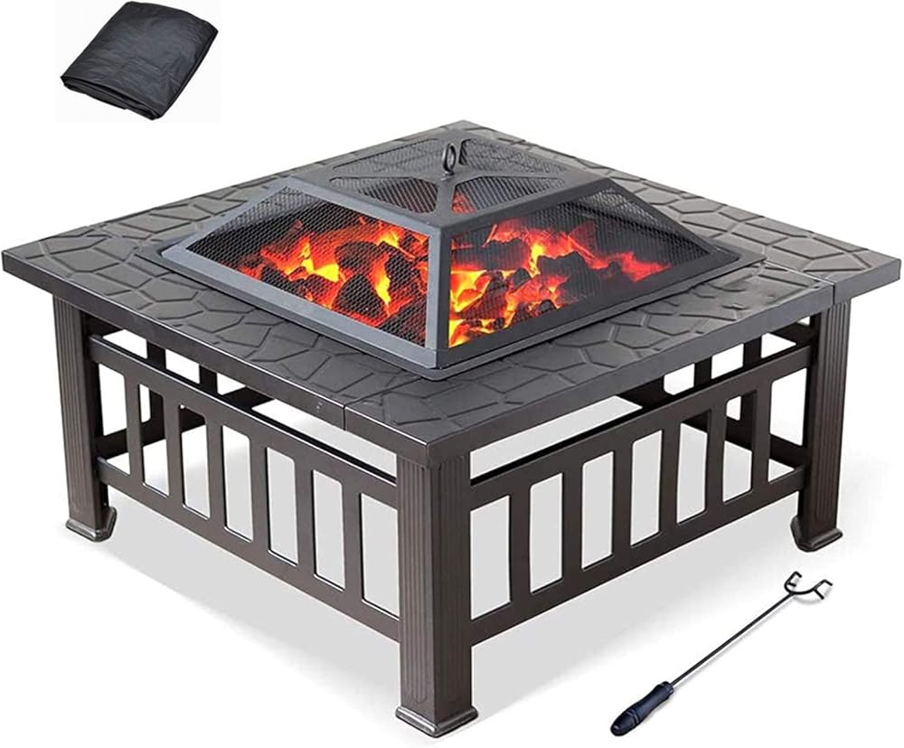 3 In1 Outdoor Fire Pits, 32-Inch Portable BBQ Firebowl, Patio Wood Burning Fire Pit with Fireplace Poker Waterproof Cover
