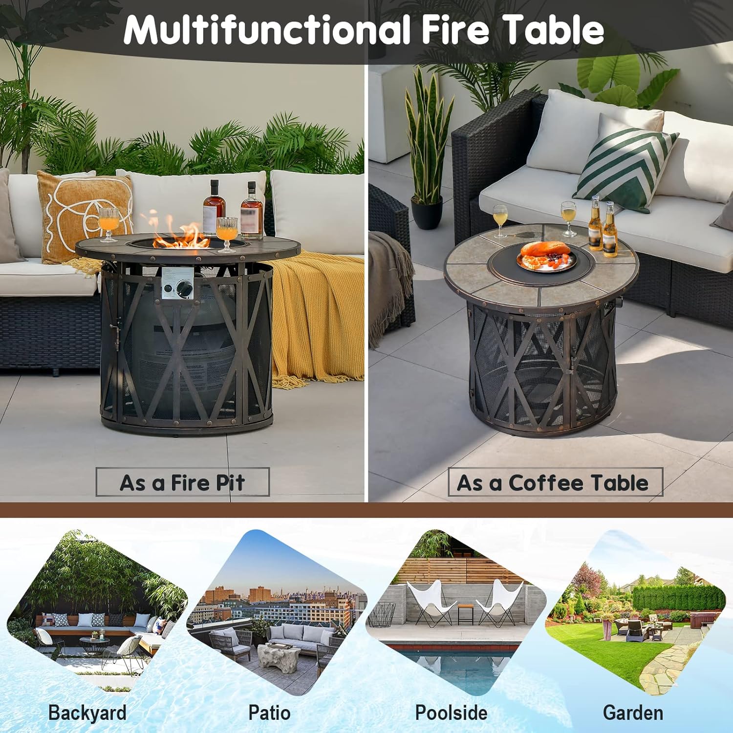 S AFSTAR 32-Inch Round Fire Table, 30,000 BTU Gas Propane Fire Pit Table W/Fire Glass Stones, PVC Cover, Auto-Ignition Propane Tank Fire Table Coffee Table for Outside Patio Deck