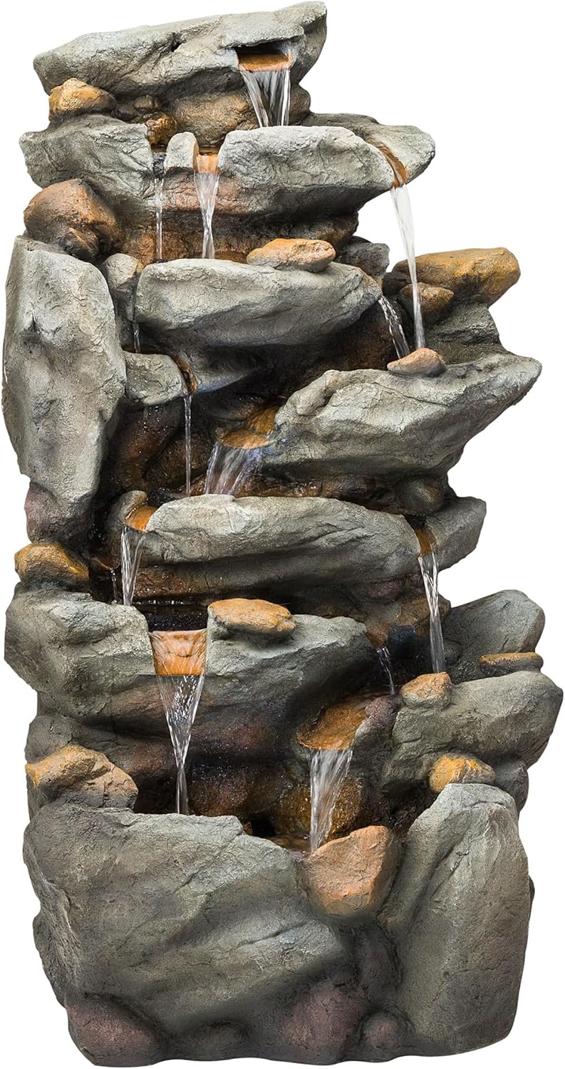 Alpine Corporation TZL130 Outdoor Floor 8-Tiered Rock Waterfall Fountain with LED Lights and Natural Stone Look, 50