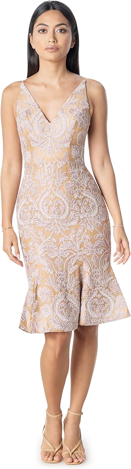 Dress The Population Womens Isabelle V-Neck Neckline, Bodycon Silhouette with a Ruffled Hem Midi Dress.