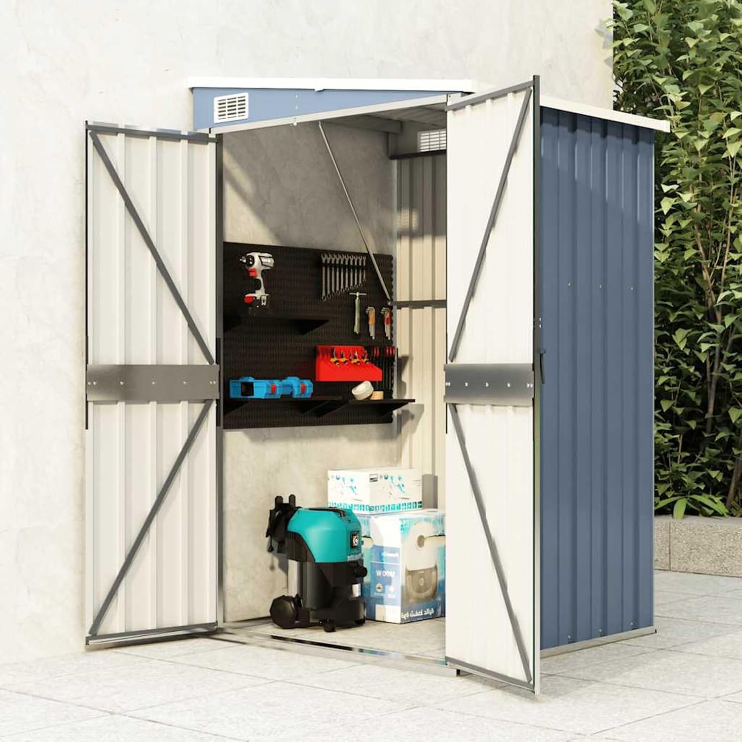Garden Shed, Galvanized Steel Metal Medium Storage Shed with Double Doors, 118 x 100 x 160/178 cm, for Outdoor Tools and Equipment Organization