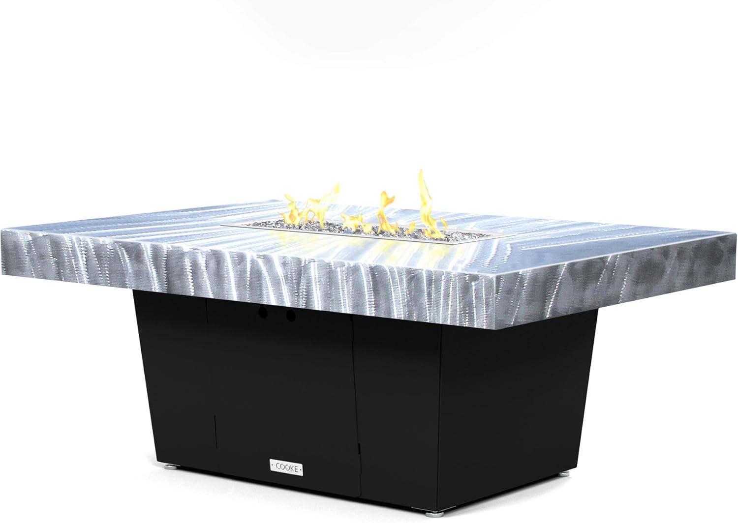 COOKE Palisades Rectangular Fire Pit Table - 52x36 - Chat Height - Propane - Brushed Aluminum Powdercoat Top with 6cm Edge - Black Powdercoat Base