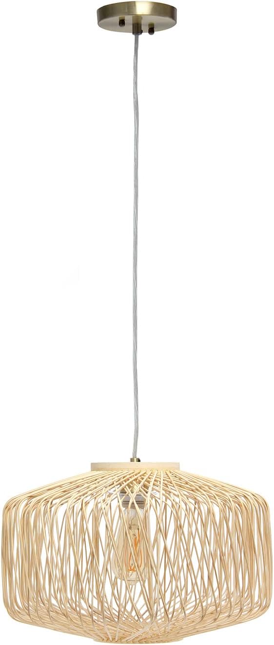 Elegant Designs PT1009-NAT Coastal Rattan Wicker Rigid Shape Round Hanging Ceiling Pendant Light Chandelier, Natural