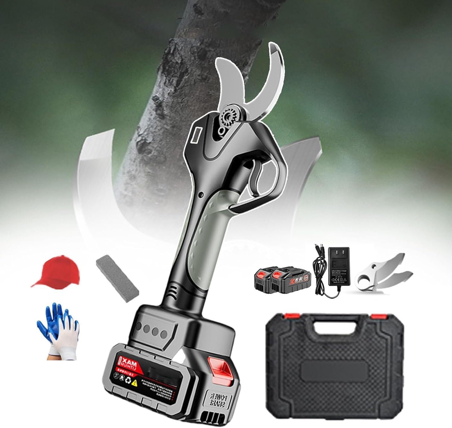 Electric Pruning Shears, 21V Cordless Tree Pruner with 2 Batteries Toolbox, Professional Garden Secateurs with LCD Display, for Gardens, Farms Orchards