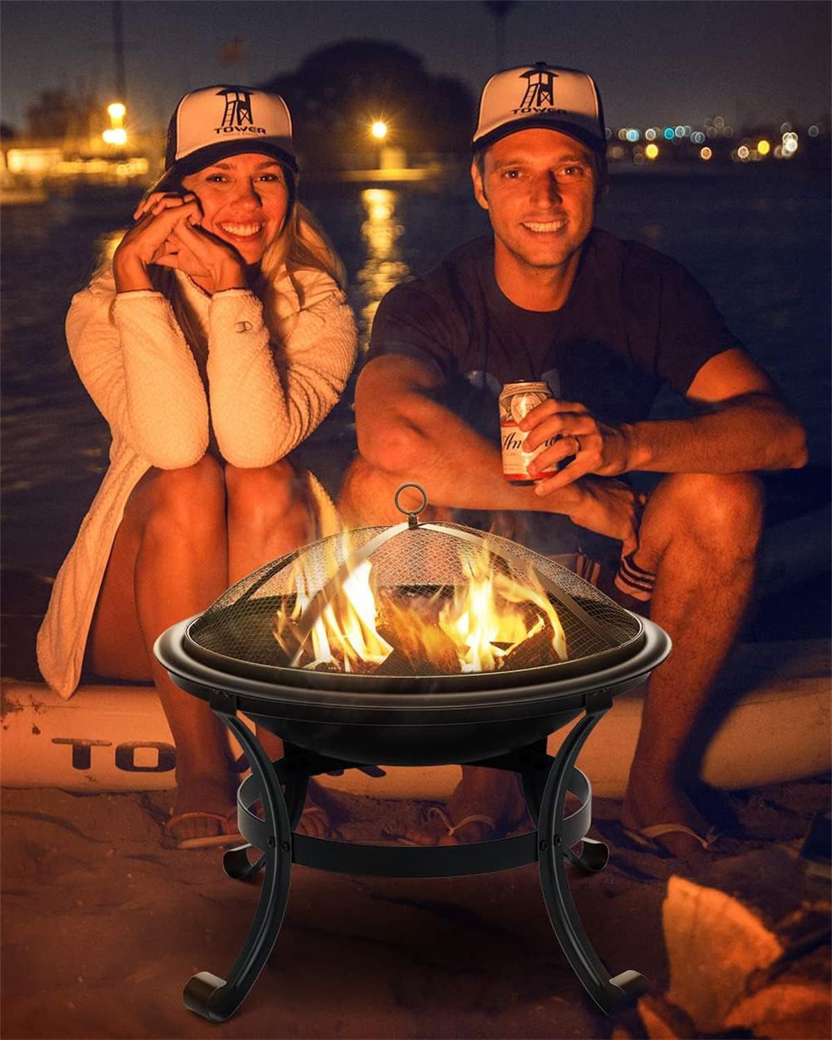 Fire Pit Wood Burning Steel BBQ Grill Firepit Bowl with Mesh Fire Pit Outdoor Fireplace for d Camping Picnic