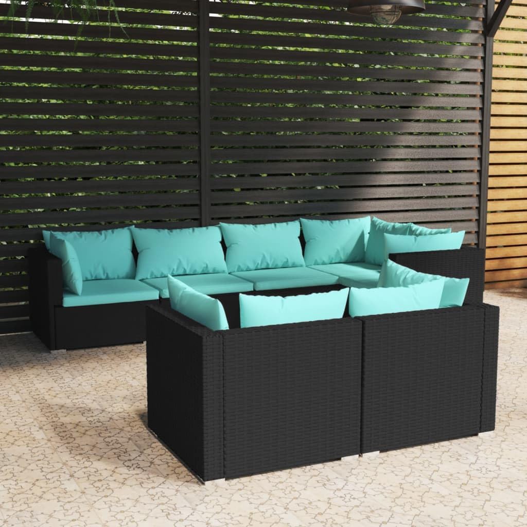 7 Piece Patio Lounge Set with Cushions Black Poly Rattan,Premium Poly Rattan 5Piece Patio Lounge Set with WaterBlue Cushions for Outdoor Relaxation Patio Furniture Sets, Outdoor Furniture Sets