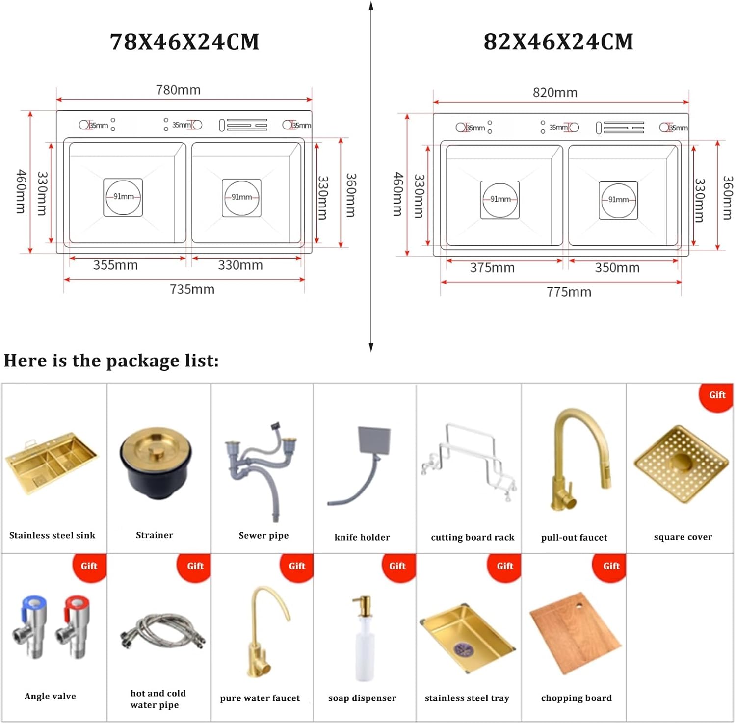 Kitchen Sink Tap,Golden Stainless Steel Sink Kitchen Double Bowl Sink Large Capacity Sink Golden Faucet Including Soap Dispenser and Other Accessories (82x46x24cm)