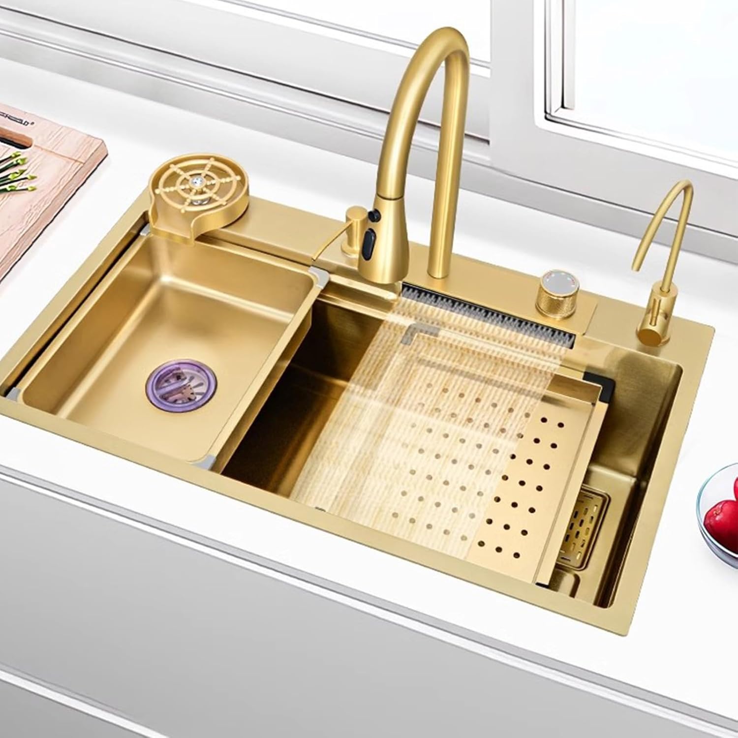 Kitchen Sink Tap,Golden Sink Stainless Steel Sink Golden Kitchen Sink Waterfall Faucet Large Single Sink Including Cutting Board Glass Washer and Other Accessories (Size : 80x (80x45x20CM)