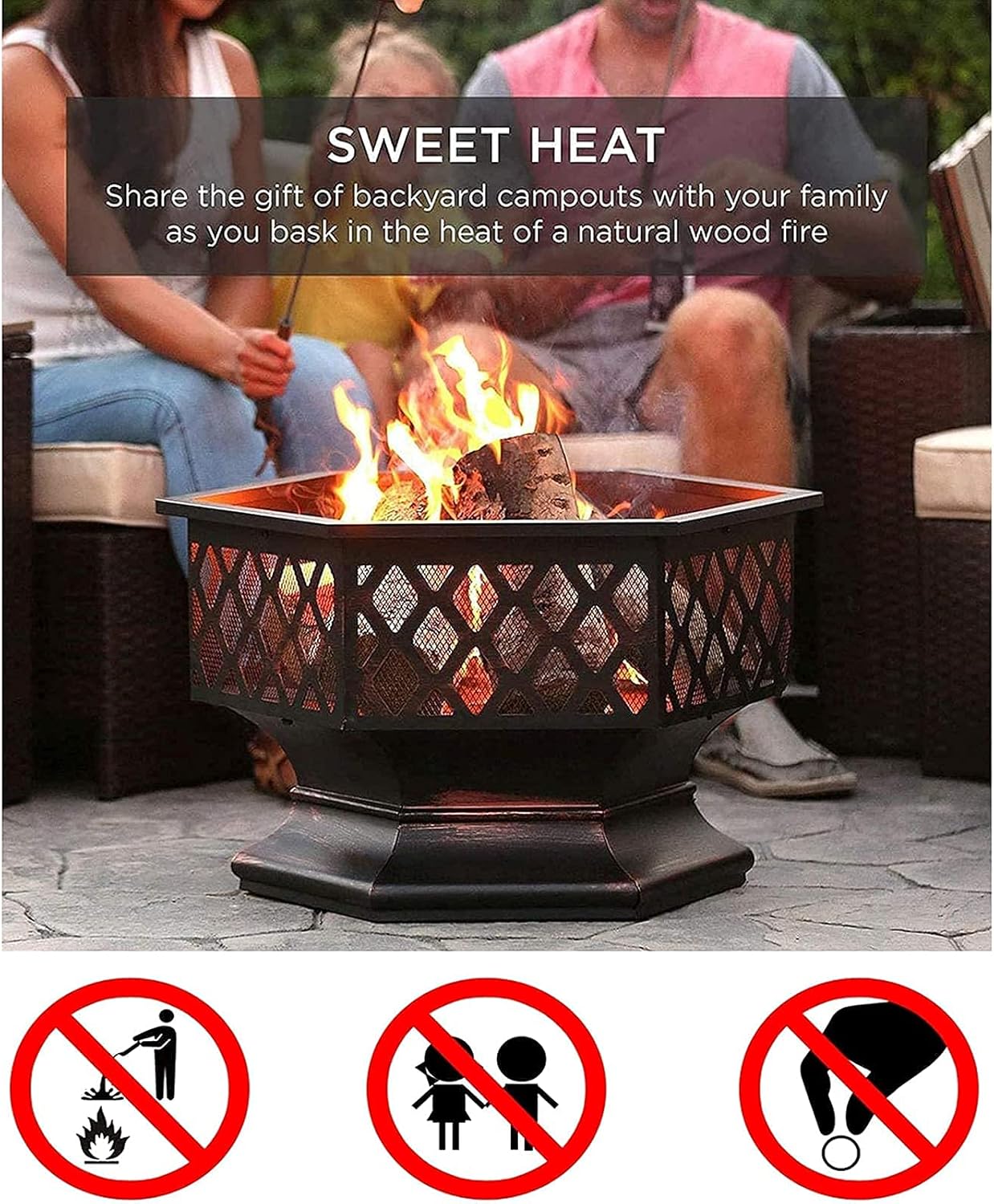 Outdoor Wood Burning Fire Pit Heaters Fire Pits for Garden BBQ Grill Firepit Bowl 2 in 1 Fireplace for Bonfire Barbecue in The Wild with Grill Grate for Camping/Outdoor Heating/Bonfire and Picnic
