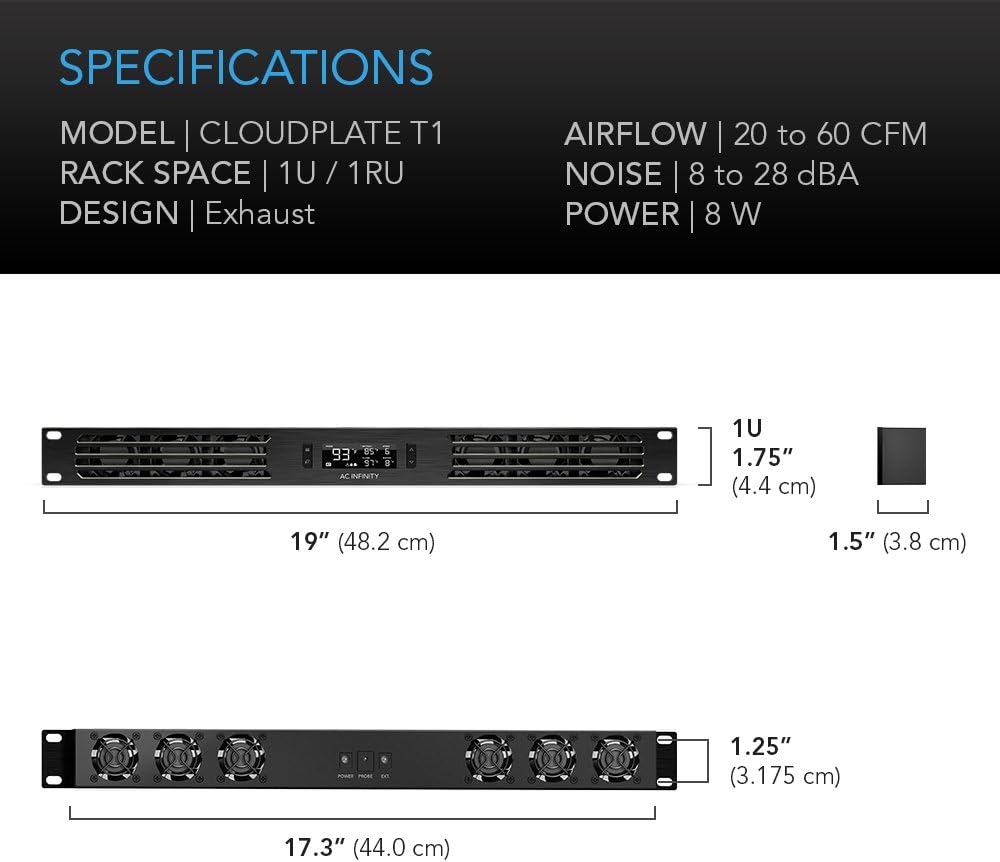 AC Infinity CLOUDPLATE T1, Rack Mount Fan Panel 1U, Exhaust Airflow, for Cooling AV, Home Theater, Network 19” Racks