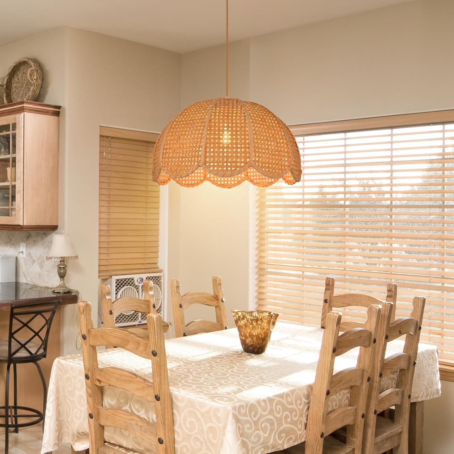 1 Light Rustic Rattan Pendant Light Dining Room, Boho Farmhouse Chandelier, Wicker Floral Light Fixture, 19.68''W Large Ceiling Light Hanging for Kitchen Living Room Bedroom Restaurants