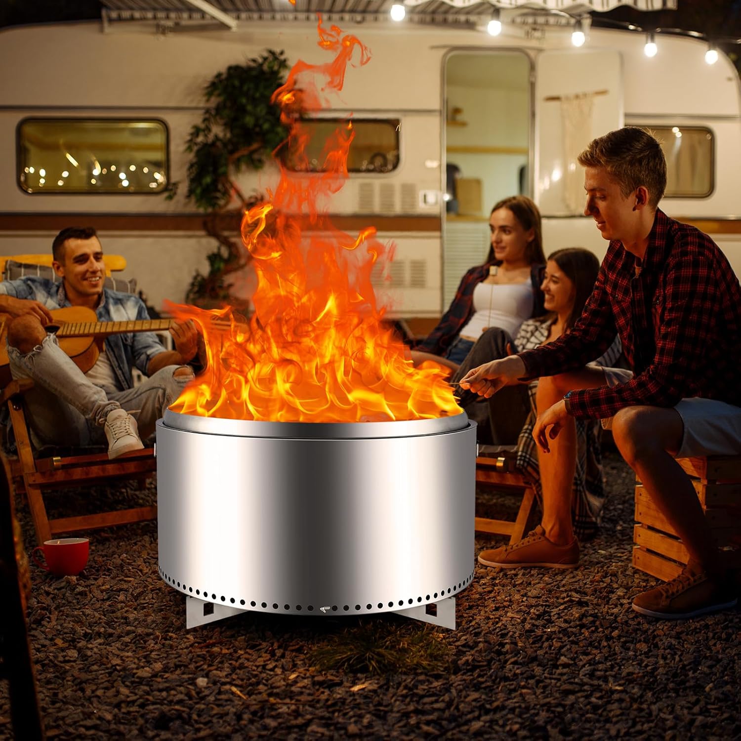 Smokeless Fire Pit 27 Inch, Towallmark Large Fire Pit with Stand Portable Stainless Steel Outdoor Bonfire Pit, 360 Degree Wide Warmth Wood Burning Firepit for Patio Camping