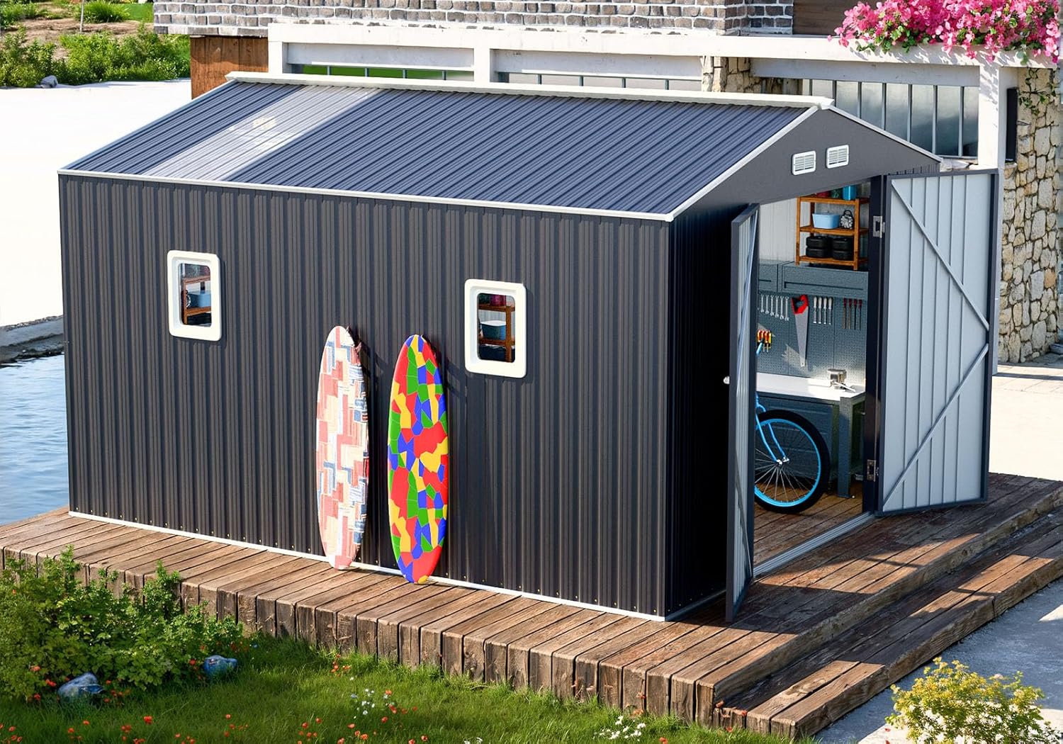 Metal Outdoor Storage Shed 10x10 FT, Waterproof Heavy Duty Reinforced Frame with Unique Clear Roof Skyview Windows Air Vents Door for Garden to Store Bikes,Lawnmower,Garage,Dark Grey Large