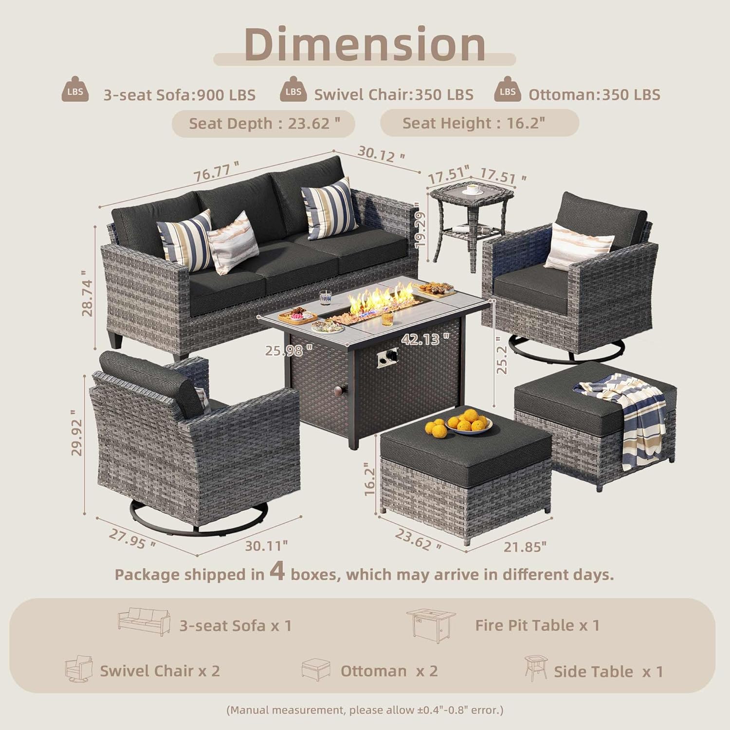 7-Piece Outdoor Wicker Patio Set with 7 Seats, Including 43