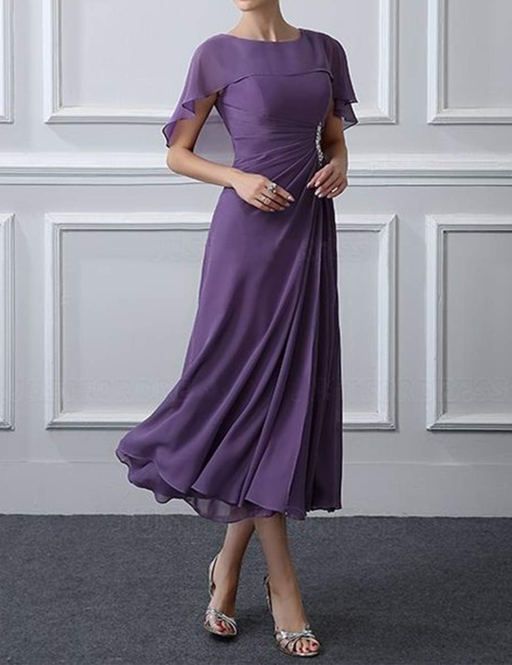Tea Length Mother of The Bride Dresses Chiffon Evening Formal Dress Cloak Women's