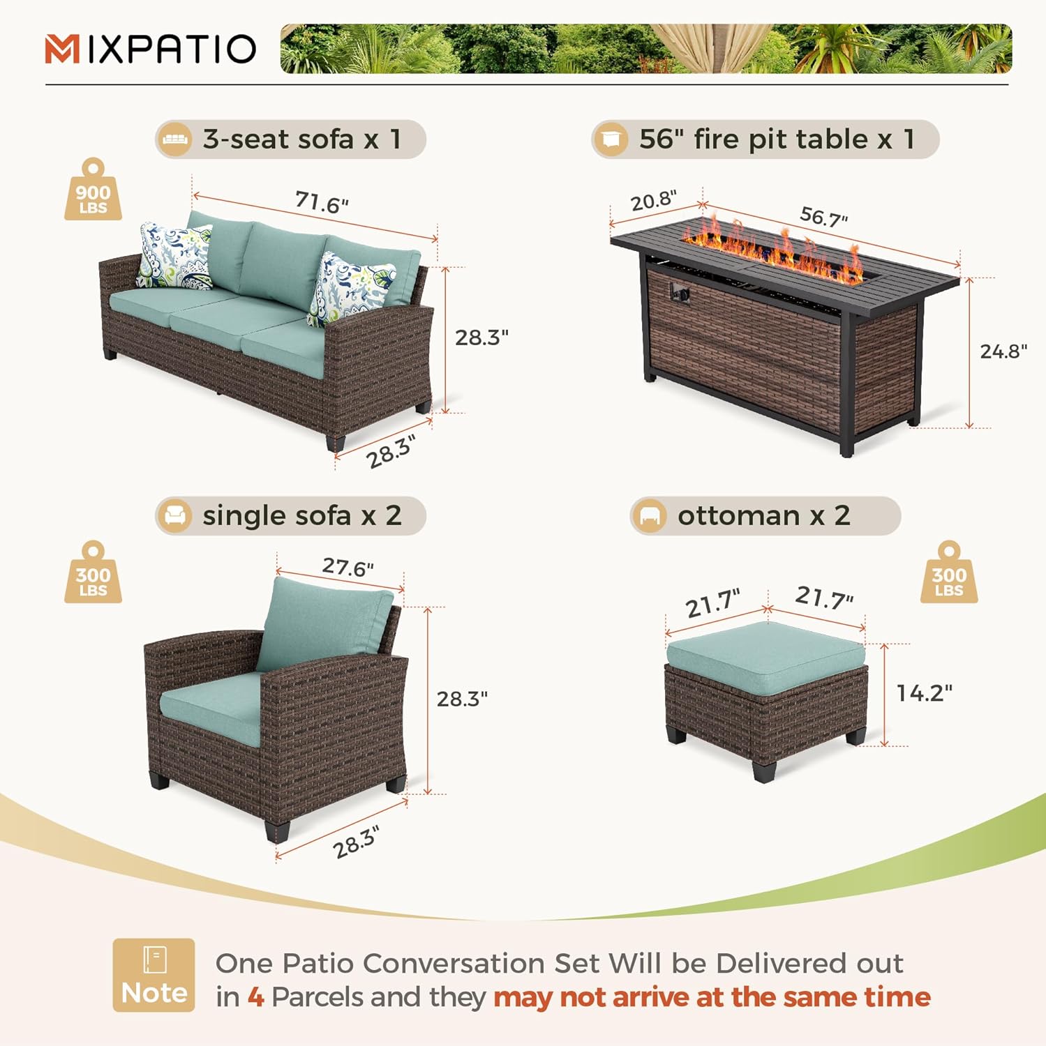 Patio Furniture Set, 6 Pcs Wicker Outdoor Conversation Set, 2 x Single Chairs, 1 x 3 Seater Sofa and 2 x Ottoman with 4