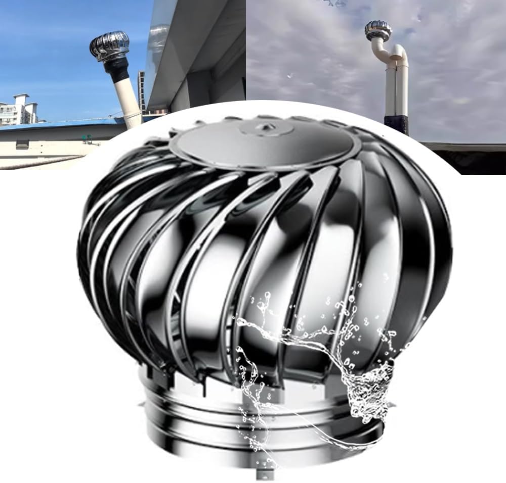 Stainless Steel 304 Roof Wind Turbine Rotating Non Power Ventilator Cap 4/6/8/10/12/18/24 Inch Rainproof Exhaust Cap for Pipe Flue Shed Roof(250mm/10in)