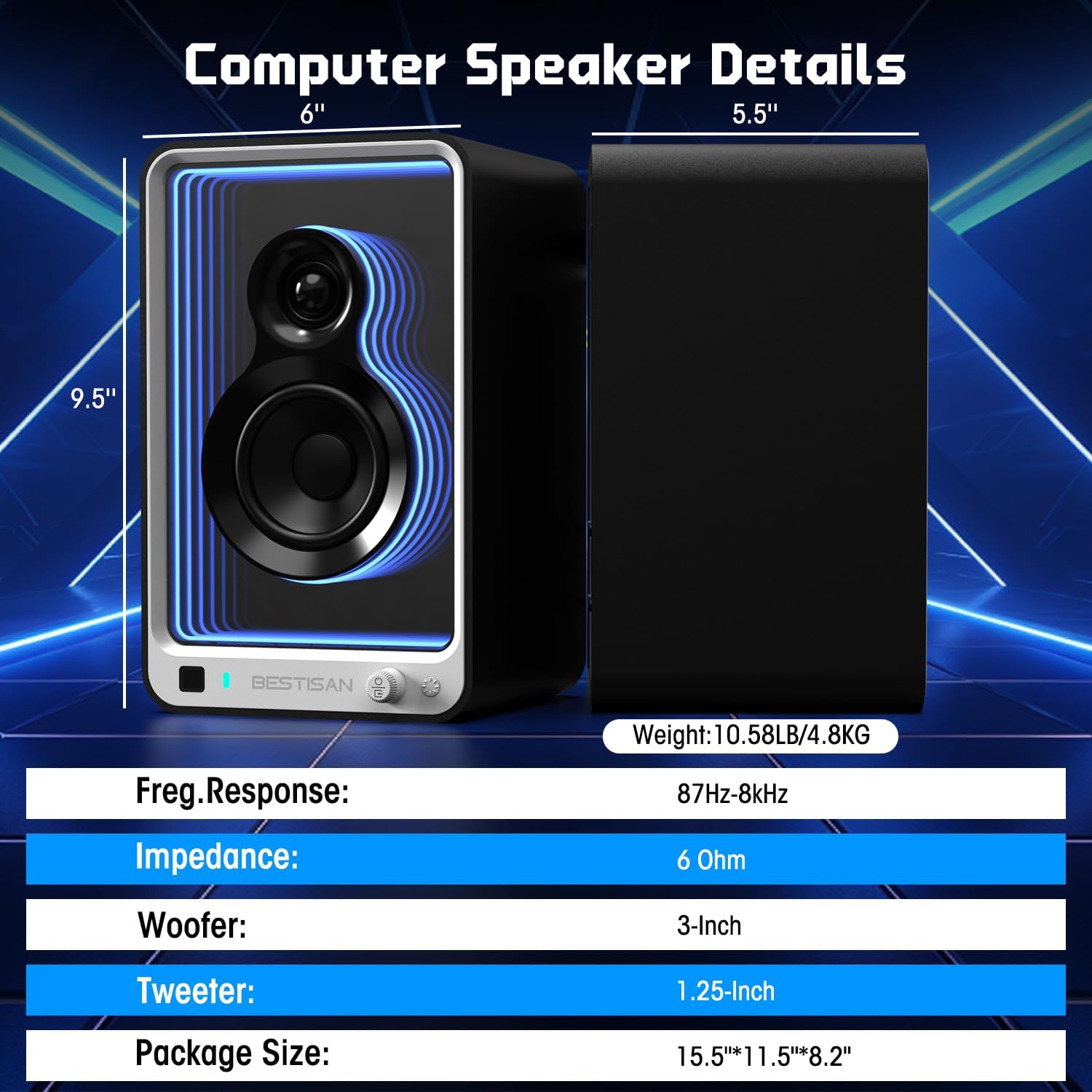 BESTISAN 50W*2 Active Bookshelf Speakers with Dynamic Light Effect, 3