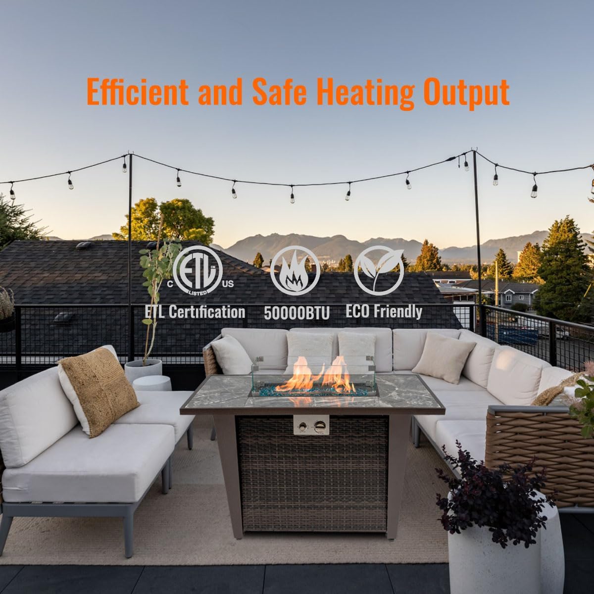 42'' Fire Pit Table with Natural Gas Conversion Kit, Marble Tile Ceramic Tabletop with Glass Wind Guard, Inclined Leg and Art Powder Design, Blue Glass Rocks, Including Lid&Cover, Brown