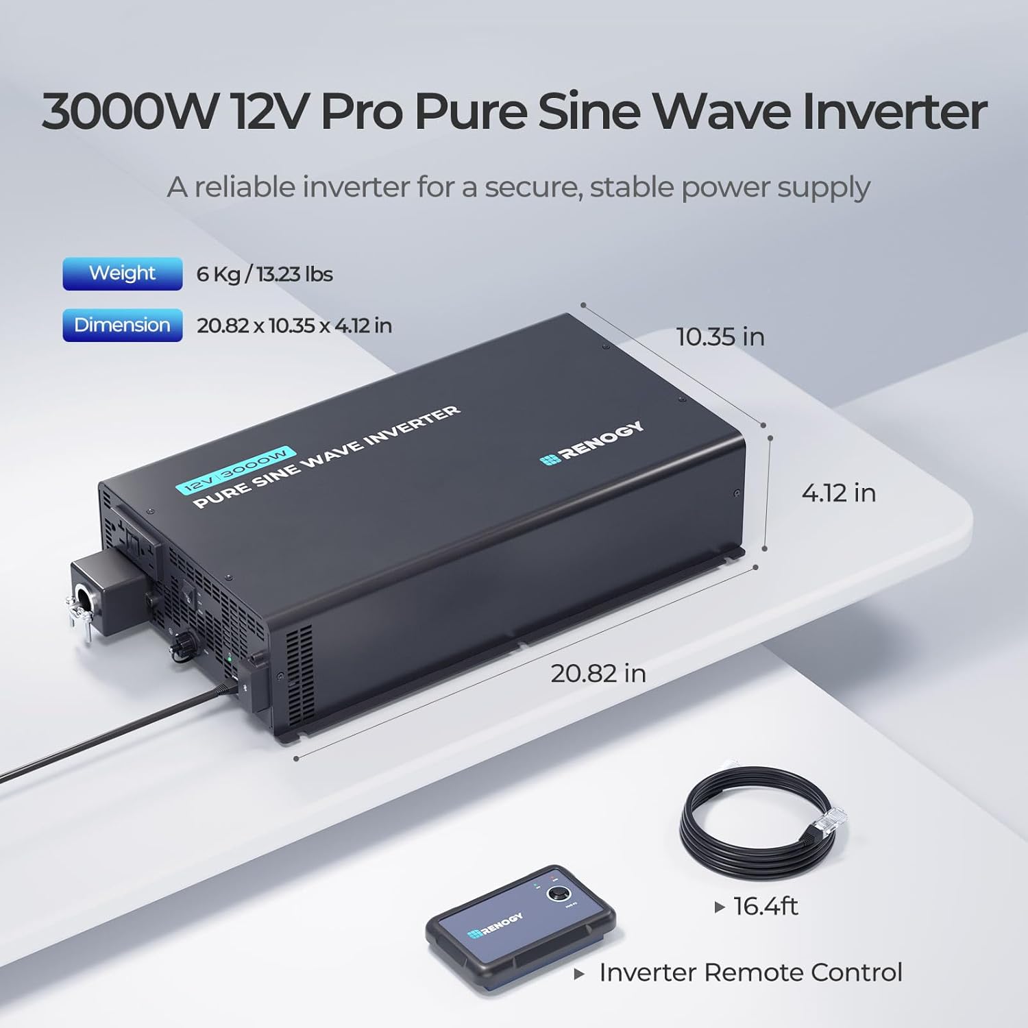 Renogy 3000W 12V Pro Pure Sine Wave Inverter 12V DC to 110V 120V AC Built-in Bluetooth, Ecosleep Mode, with 16.4FT Remote Controller, Support Pre-Charging, 6000W Peak Power, Truck, RV, Home Energy