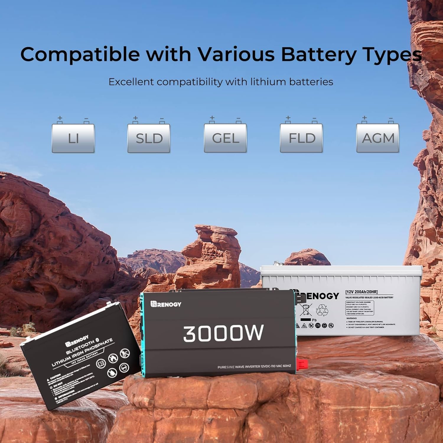 Renogy 3000W Pure Sine Wave Inverter 12V DC to 120V AC Converter for Home, RV, Truck & NOCO GENIUS5, 5A Smart Car Battery Charger, 6V and 12V Automotive Charger, Battery Maintainer