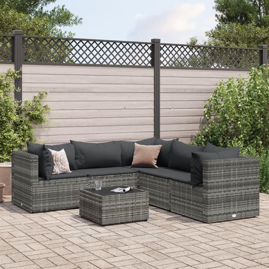 6 Piece Patio Lounge Set with Cushions Gray Poly Rattan,Gray PE Rattan Lounge Set with Cushions for Patio, Garden, or Terrace Patio Furniture Sets, Outdoor Furniture Sets