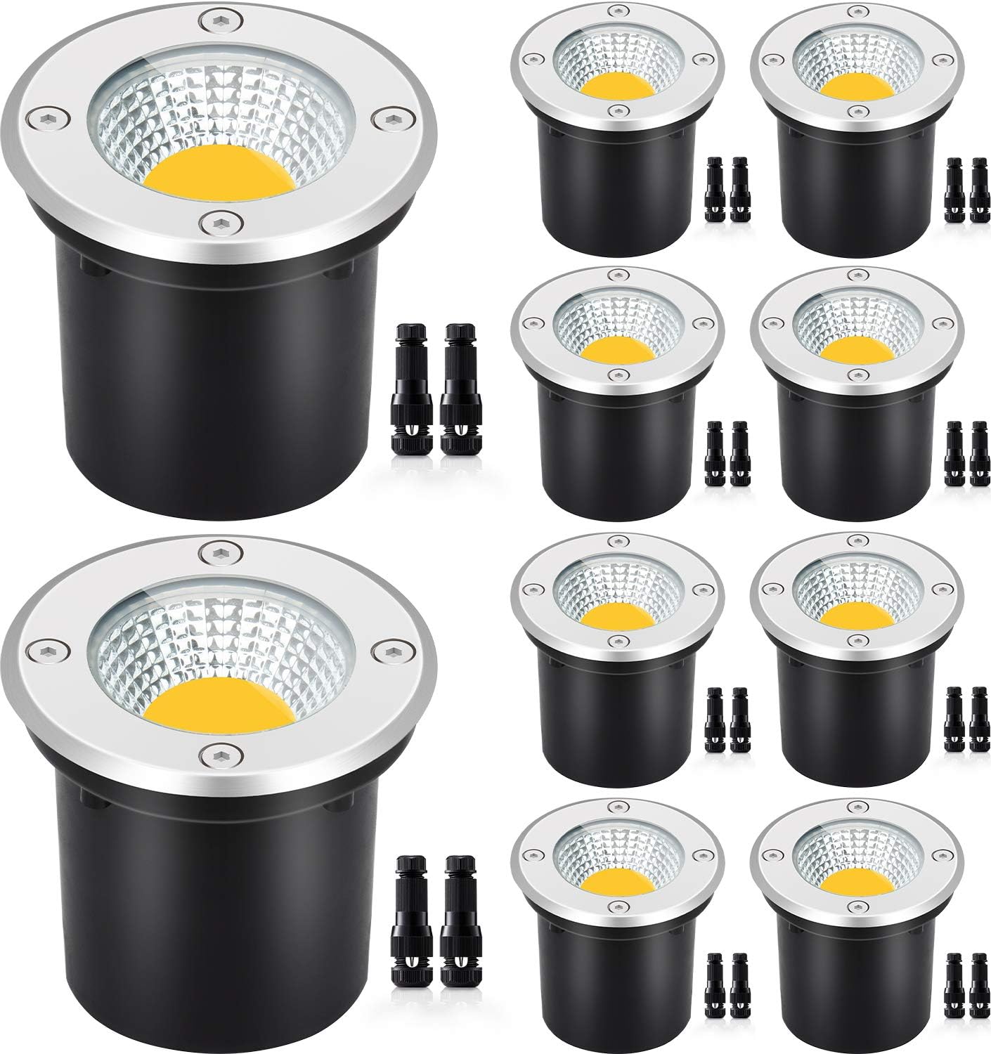 SUNVIE Low Voltage Landscape Well Lights with Wire Connectors, 12W LED, IP67 Waterproof Outdoor In-Ground Garden Lights 12V-24V Warm White for Pathway Driveway Deck (10 Pack & Connectors)