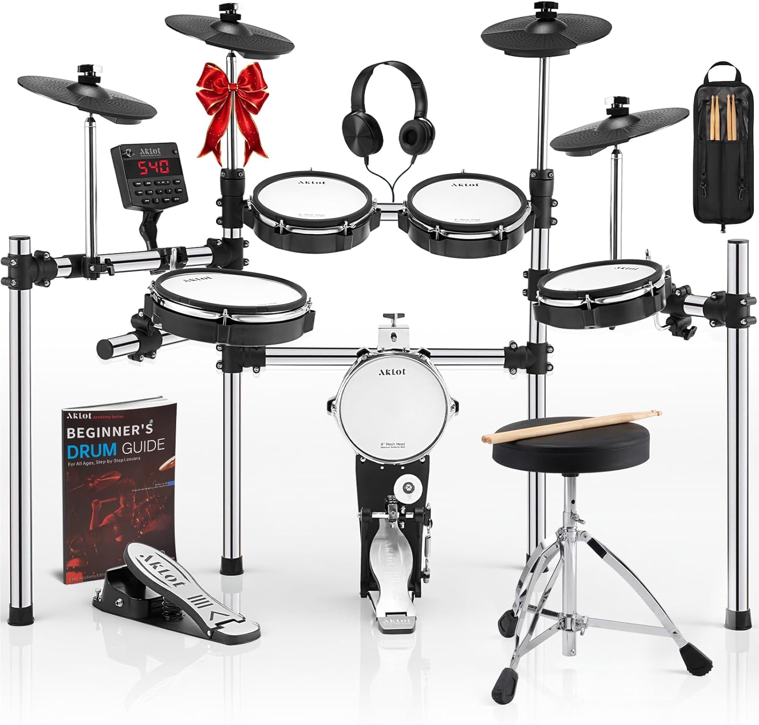 AKLOT Electric Drum Set with Kick-Tower: 4 Dual Zone Mesh Pads, 8’’ Tower-Style Kick Drum, 10’’ Snare, Dual Zone 10’’ Cymbals with Choke, 360 Sounds, User Kit, USB-MIDI, Throne, B-CORE 540 Air, Silver