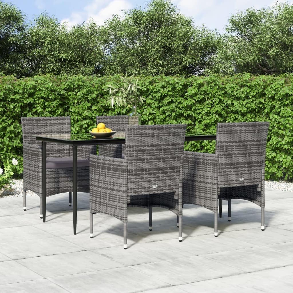 5 Piece Outdoor Dining Set for Patio, Powder-Coated Steel Frame, Grey Rattan with Tempered Glass Tabletop, Balcony Furniture