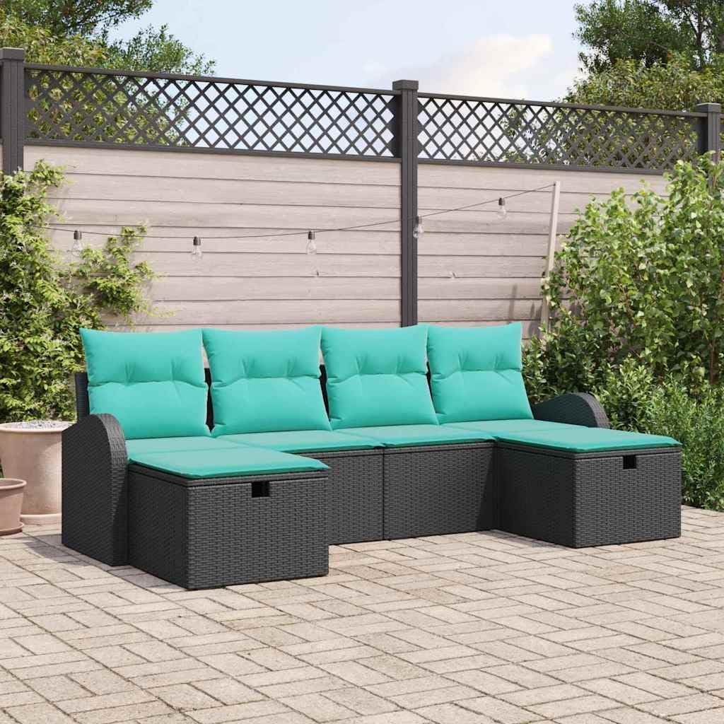 Black Poly Rattan Garden Sofa Set, 6-Piece Modular Outdoor Patio Furniture with Cushions, Height-Adjustable Table, UV-Resistant for Balcony, Dining, 1455 lbs Capacity