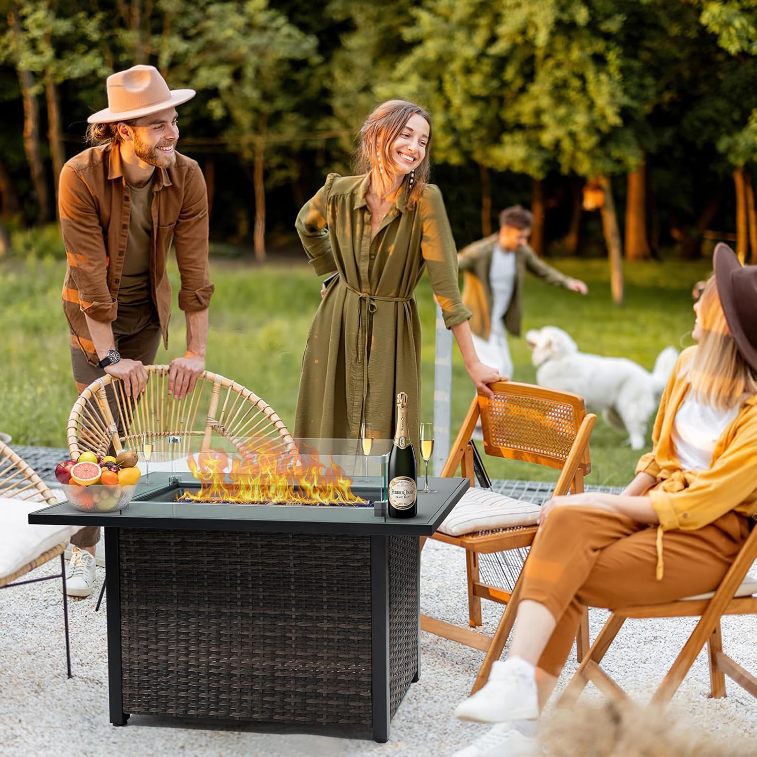 50,000 BTU Outdoor Propane Gas Fire Table - 44-Inch Square Fire Pit with Lid, Glass Wind Guard & Weather-Resistant Wicker Base for Patio, Backyard, Garden Heating