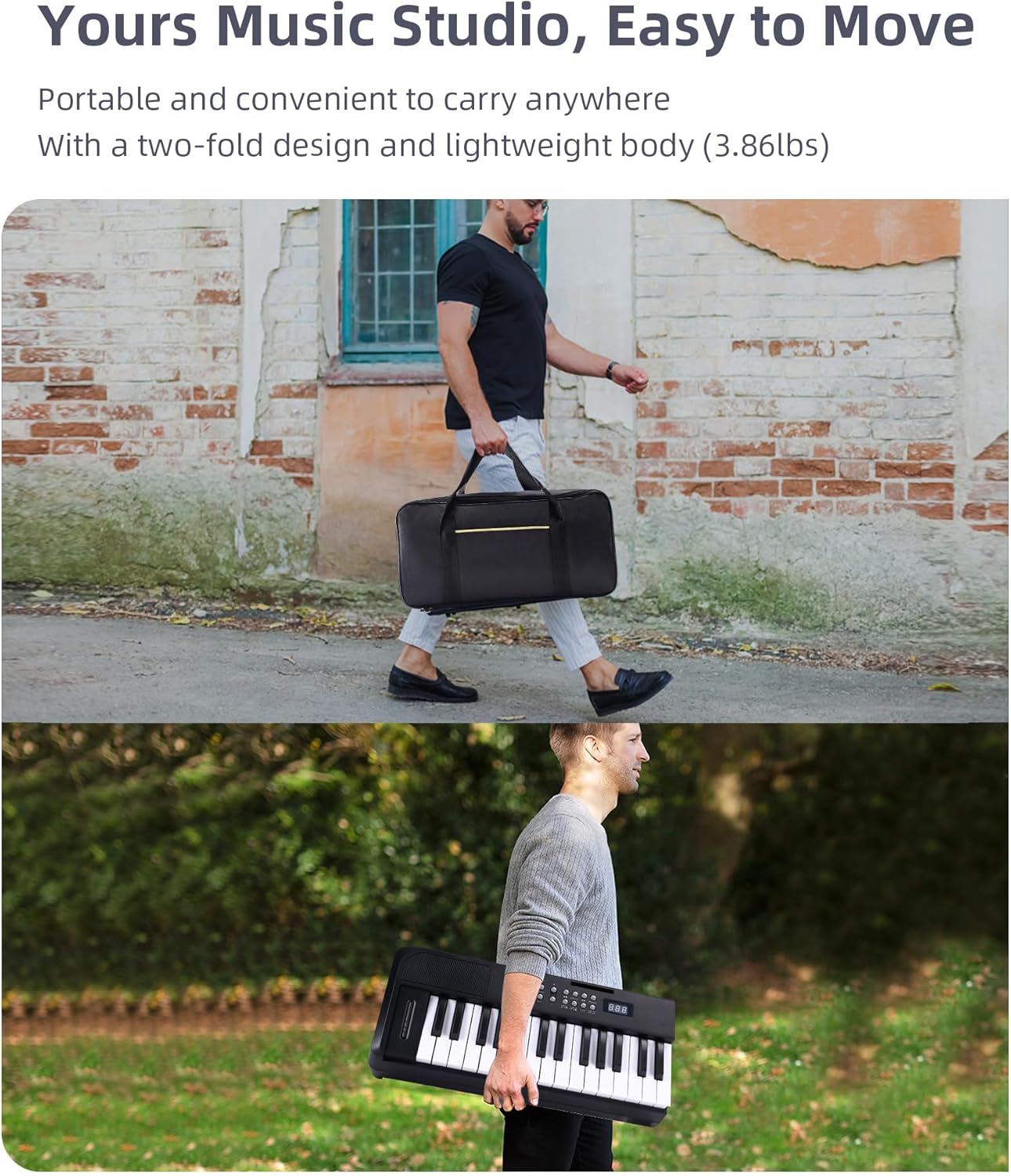 ADM 61 Key Folding Electric Piano Keyboard, Foldable Electronic Keyboard, Wireless 128 Tones, 128 Rhythms Includes Pedal, Gig Bag, Headphones for Beginners, Students, Teenagers, Adults, Black