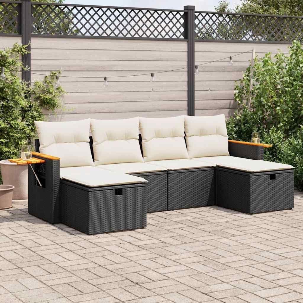 6-Piece Garden Sofa Set in Black and Cream White with Storage Compartments, Weather Resistant Outdoor Furniture for Patio Terrace, Modern Poly Rattan Seating with Washable