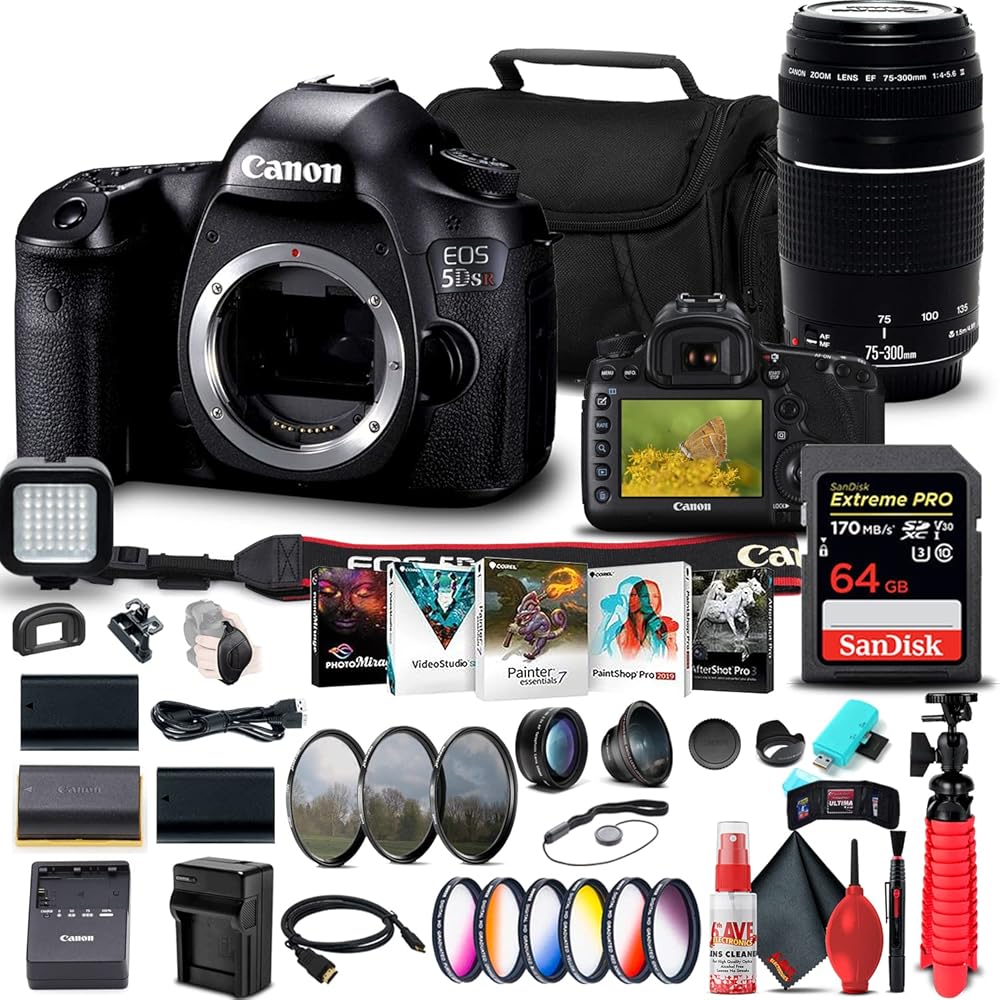 Canon EOS 5DS R DSLR Camera (Body Only) (0582C002) + Canon EF 75-300mm f/4-5.6 III Lens (6473A003) + 64GB Memory Card + Color Filter Kit + 2 x LPE6 Battery + External Charger + More (Renewed)