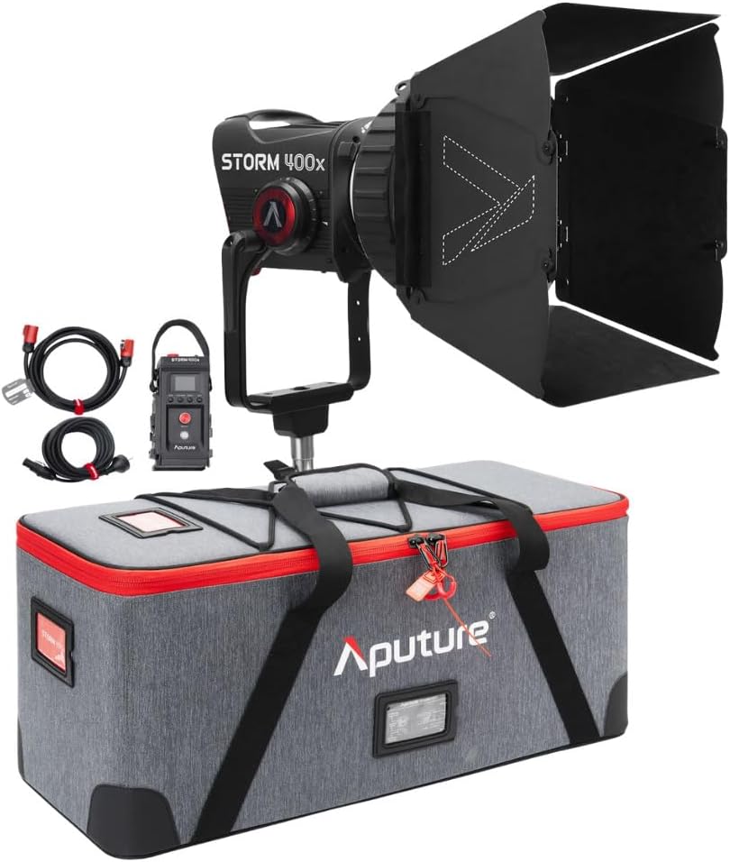 Aputure Storm 400x Tunable White LED Monolight with Color Tuning (Gold Mount) and Aputure CF7 Fresnel and Barn Doors Kit (7-Inch)