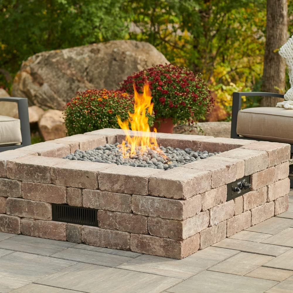 Outdoor GreatRoom Co Propane Fire Pit Kit - 51 Inch Square Bronson DIY Bonfire Gas Fire Pits for Outside Patio - Includes 64 Stone Paver Blocks, 42