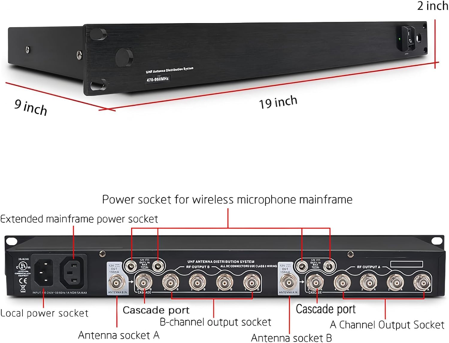 5 Way Active Wireless Antenna Distribution System for UHF Wireless Microphone System, 8 Outputs + 2 Cascade Ports,Antenna Amplifier for Antenna Paddle