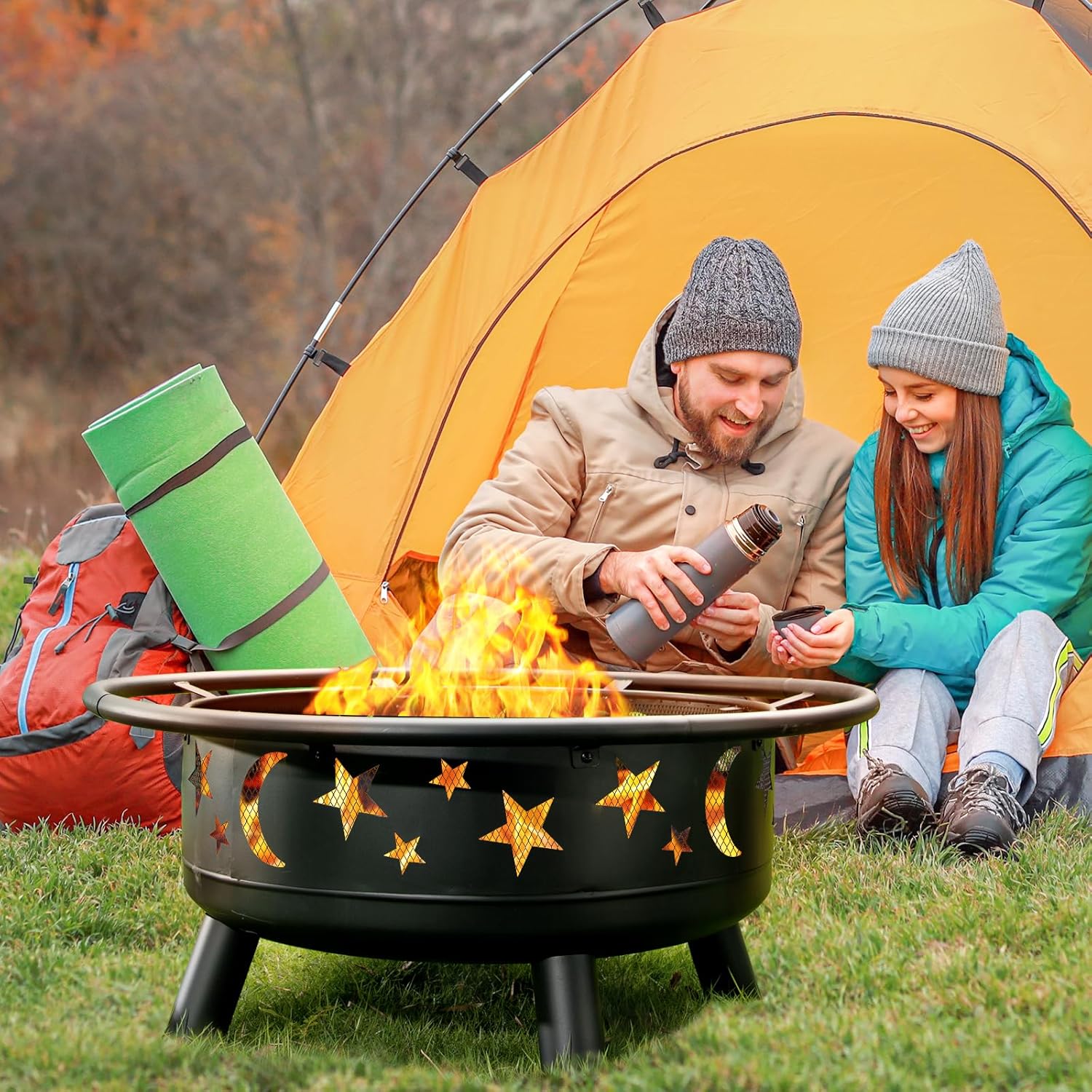 32 Inch Round Fire Pit with Mesh Cover, Fire Poker, Star and Moon Design, Metal Wood Burning Outdoor Firepit for Patio, Backyard, Garden, Bonfire Party,Perfect for Christmas, Thanksgiving, Halloween