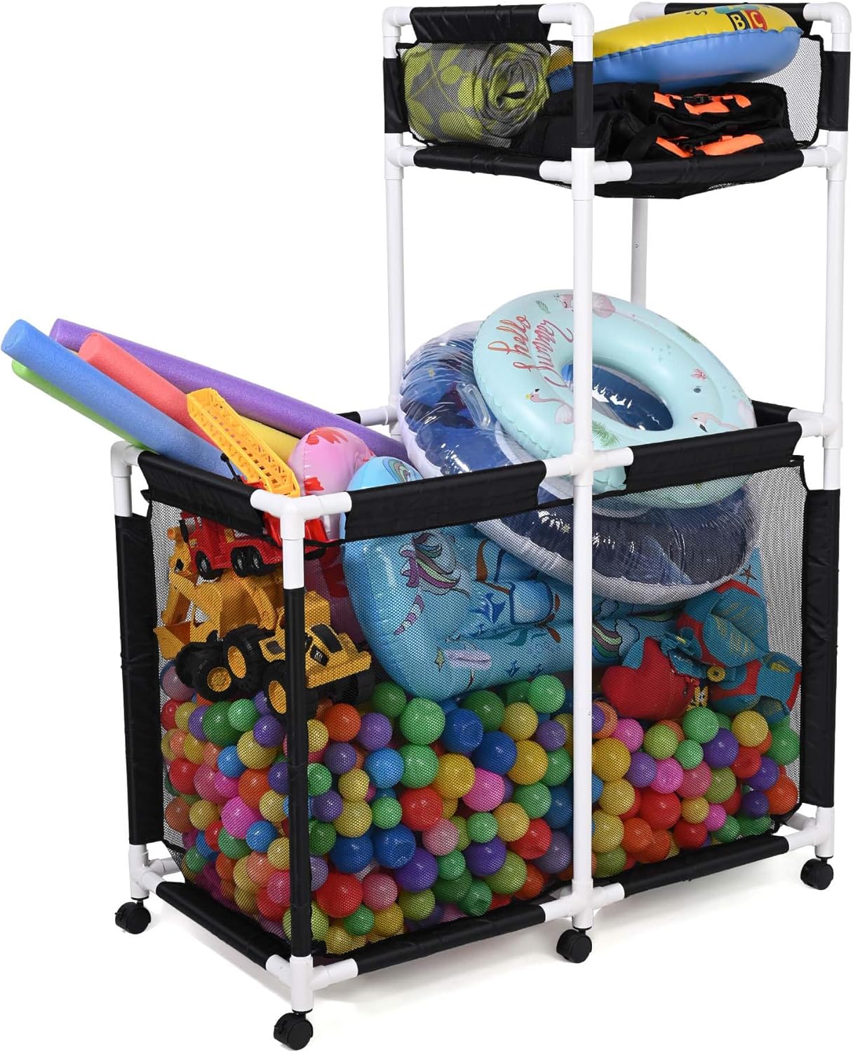 Pool Storage Bin Cart with Top Holder, Rolling Pool Storage Organizer for Goggles, Beach Balls, Floats, Swim Toys & Accessories