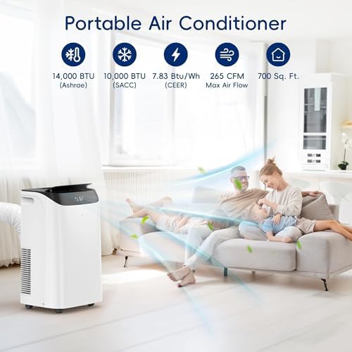 14000 BTU Portable Air Conditioners,Cooling,Fan,Dehumidification,Sleep Mode for Large Rooms up to 700 Sq.Ft,AC Unit with Remote Control,24H Timer,Installation Kits Included
