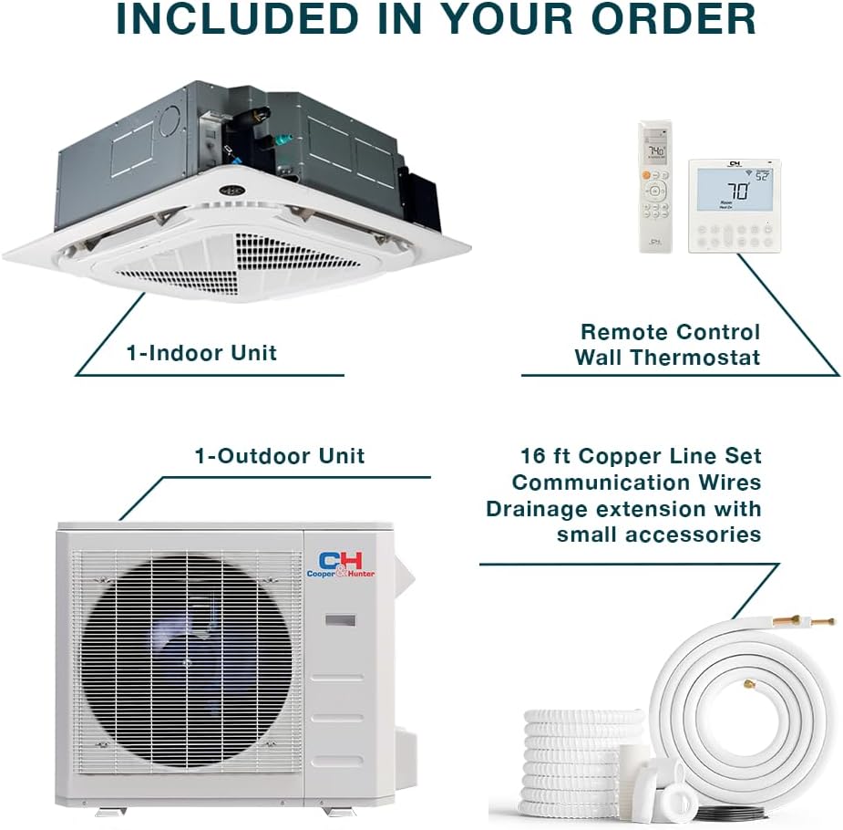 Cooper & Hunter 24,000 BTU Ceiling Cassette Ductless Mini Split Air Conditioner & Heat Pump – 22 SEER2 – Includes 16FT Installation Kit & Wall Thermostat – Cooling & Heating Inverter System