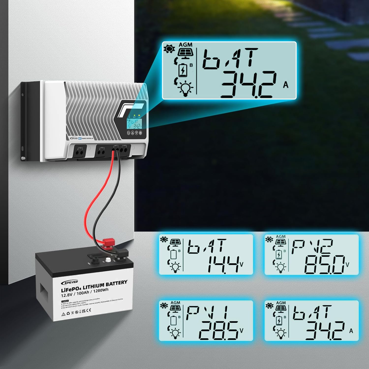 EPEVER MPPT Solar Charge Controller, 100A, Dual PV Input 150V, LCD Display, LiFePO4 Compatible