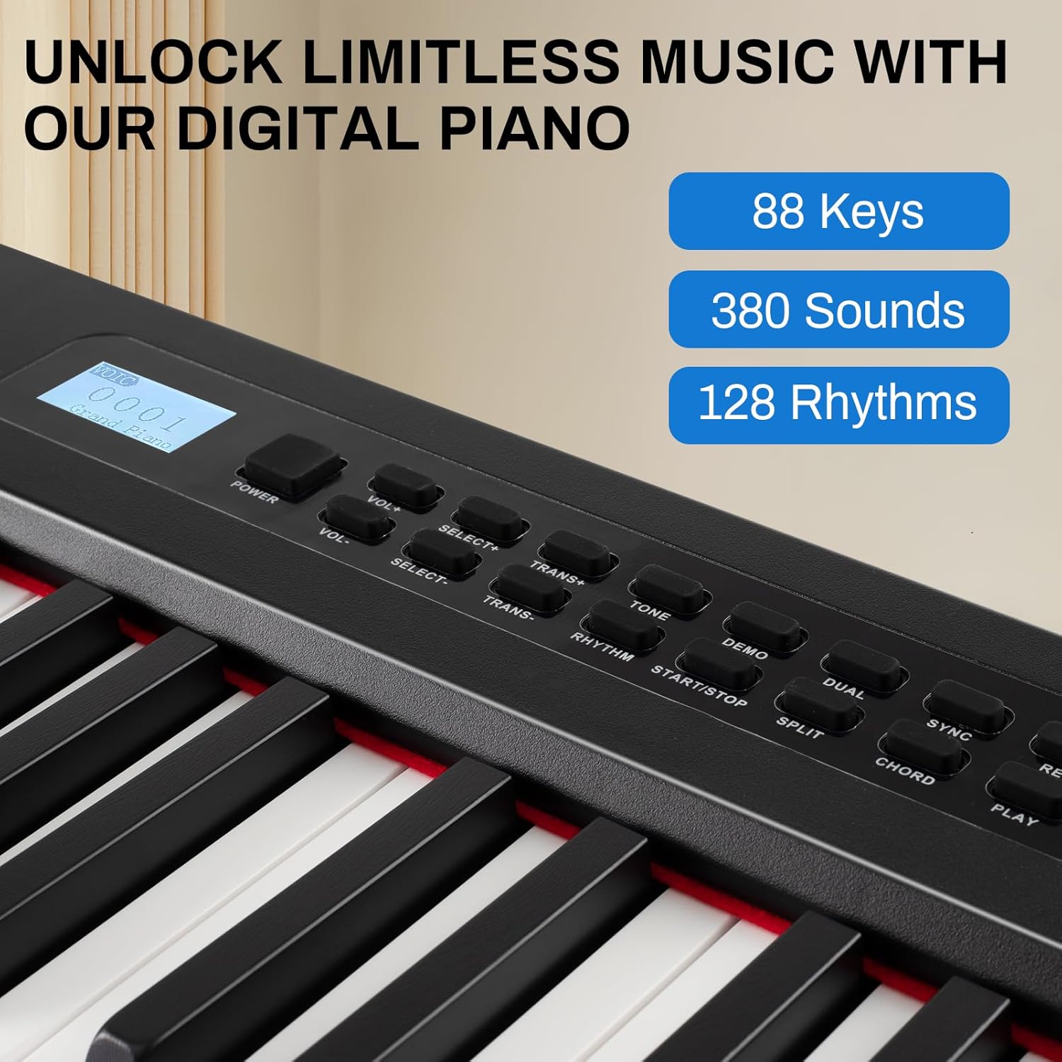 MOSEN 88-key digital piano keyboard with semi-weighted keys, double keyboard, LED display, 380 tones, 128 rhythms, 88 demo songs, Piano Lessons, keyboard stand and sustain pedal.(MSP-45BK)-Black