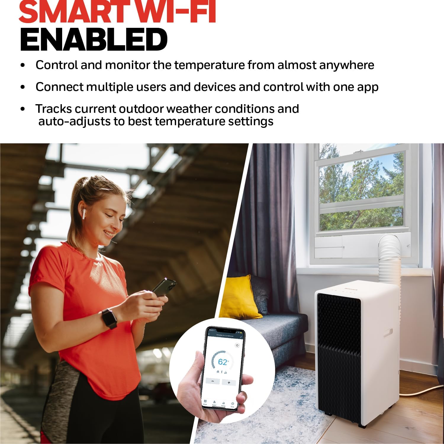 Honeywell 13,500 BTU Slim & Smart WiFi Portable AC with Fan, Dehumidifier, Alexa/Google Home Voice Control – Cools up to 660 Sq. Ft., HX4CESVWG0 (10,000 BTU SACC)