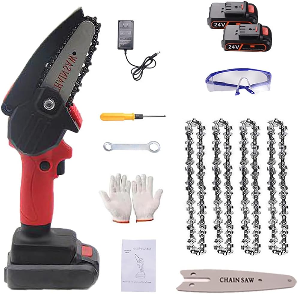 Mini Chainsaw, 4-Inch Battery Powered Cordless Chainsaw, Portable One-Handed Rechargeable Electric Chainsaw for Tree Trimming Branch Wood Cutting (Color : Red, Battery *1 : 4*Chain)