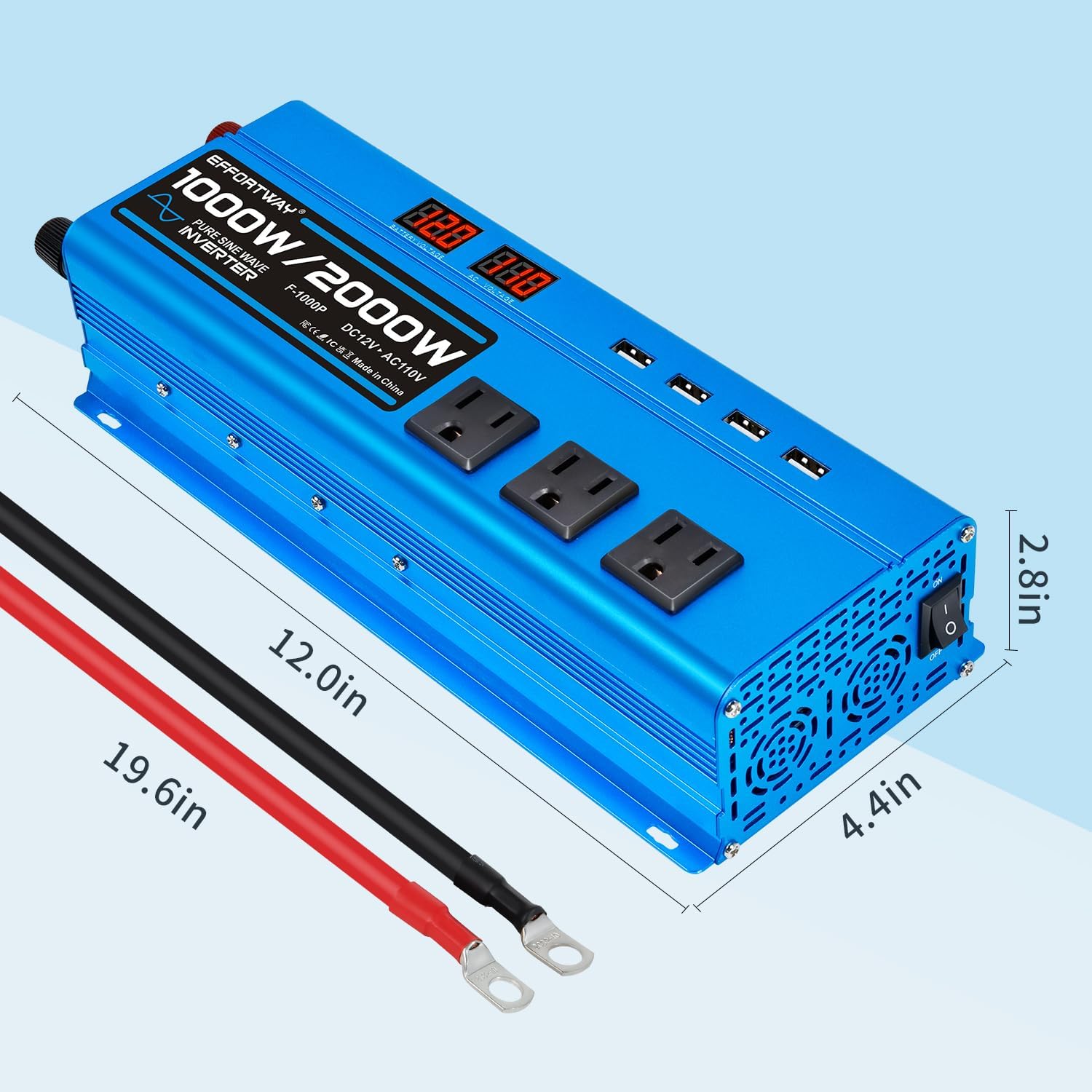 1000W Pure Sine Wave Inverter DC 12V to AC 110V/120V Converter 2000w (Peak) Car Power Converter with 3 AC Outlets, 4USB Port,Power Inverter for Car, Truck, Home, Vehicles, Laptop