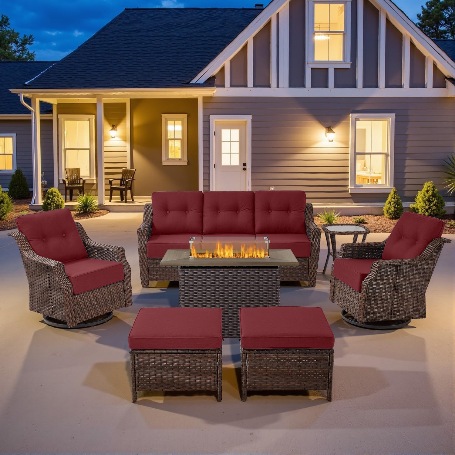 Belord Luxurious 7 Piece Patio Furniture Set with Fire Pit Table, High Back Swivel Rocker Glider Outdoor Chairs with 6