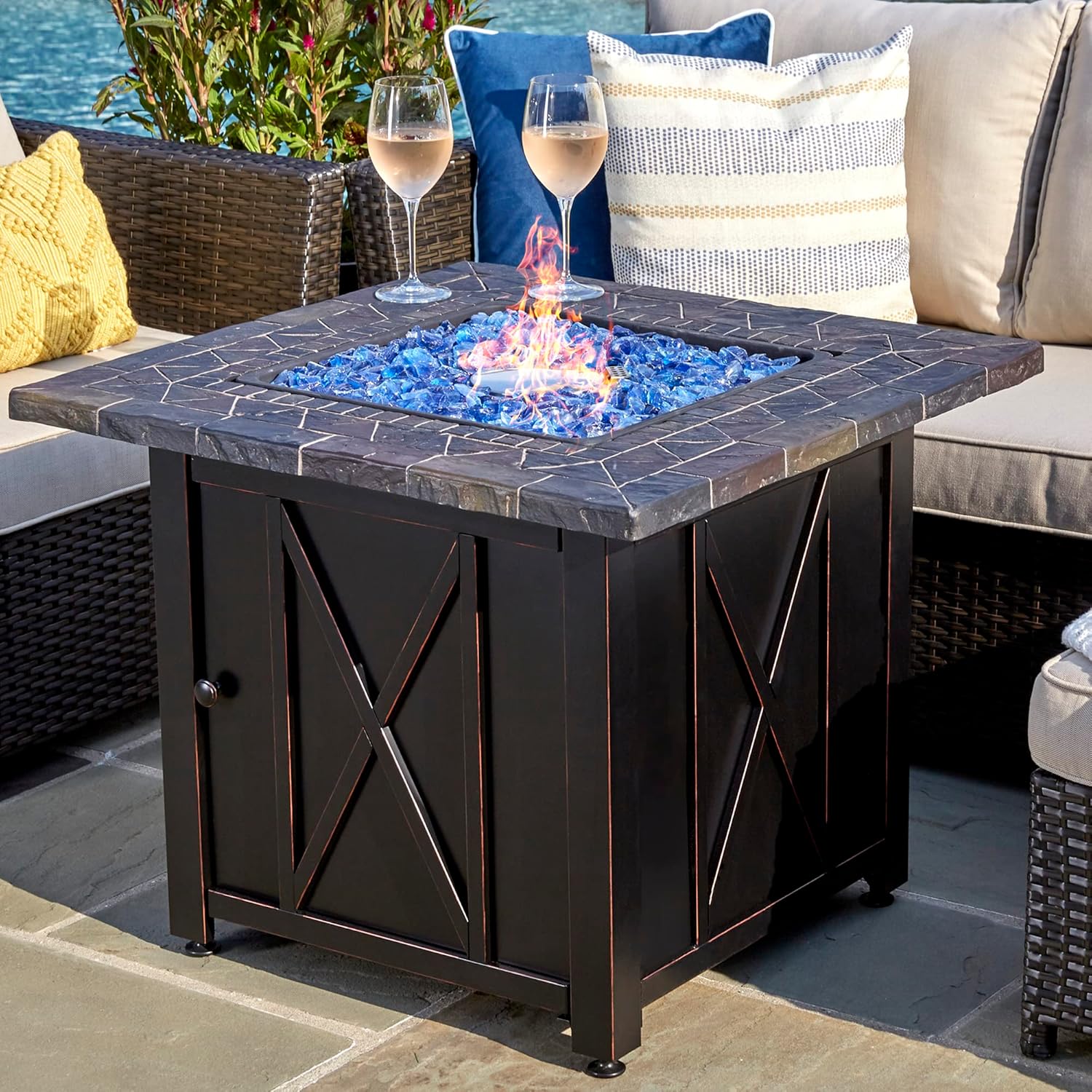 Endless Summer 30 Inch Square 30,000 BTU Liquid Propane Gas Outdoor Fire Pit Table w/Push Button Ignition, Blue Fire Glass, & Steel Fire Bowl, Bronze