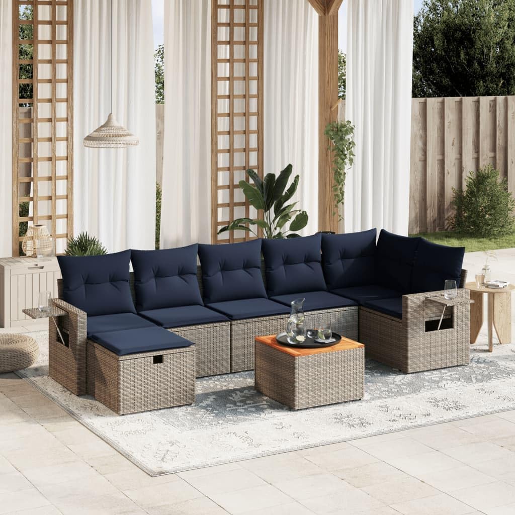 8 Piece Patio Sofa Set, Gray Poly Rattan Outdoor Furniture with Cushions, Acacia Wood Tabletop, Modular Design for Backyard, Terrace, Garden